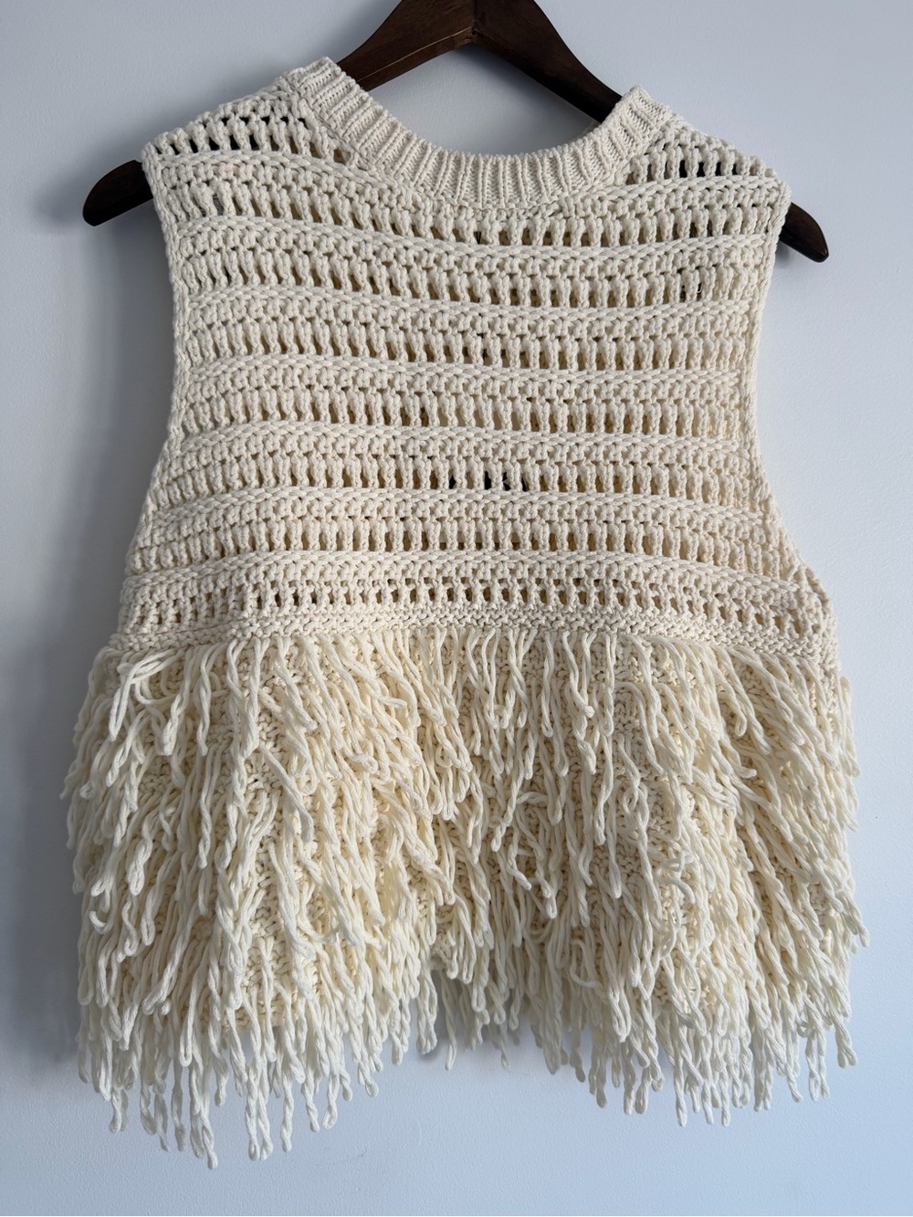 ZARA Cream Open-Knit Fringe Top